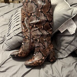Qupid Brown Snakeskin Heeled Boots